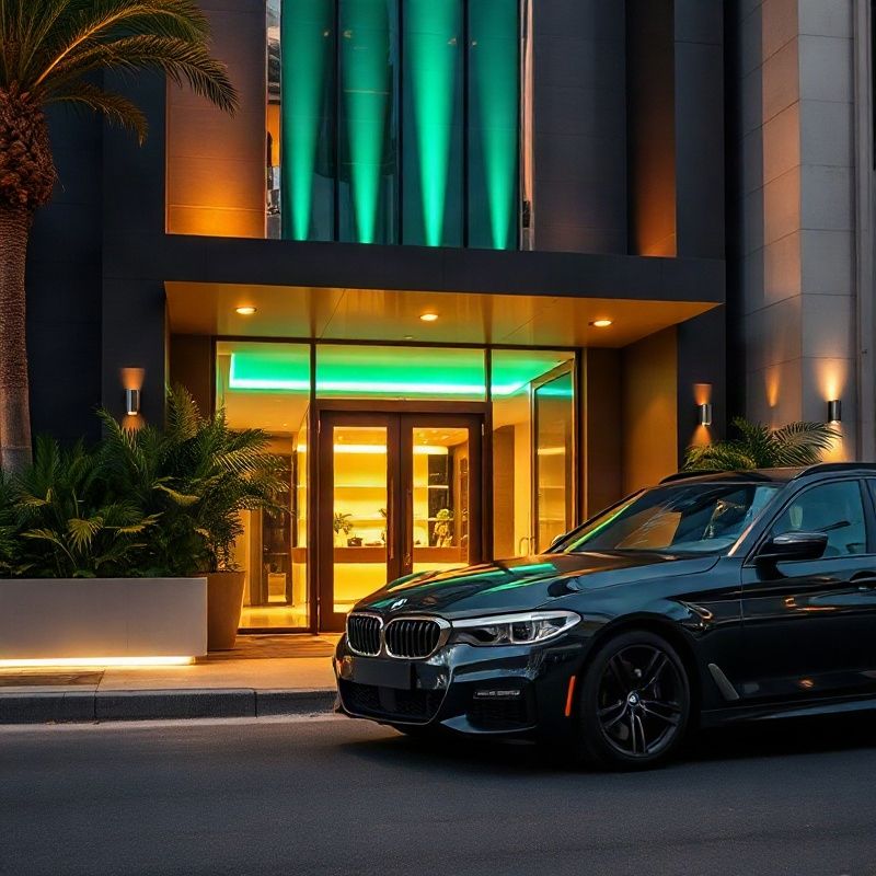 BMW Série 5 escura em frente à entrada de um hotel de luxo em Porto Alegre
